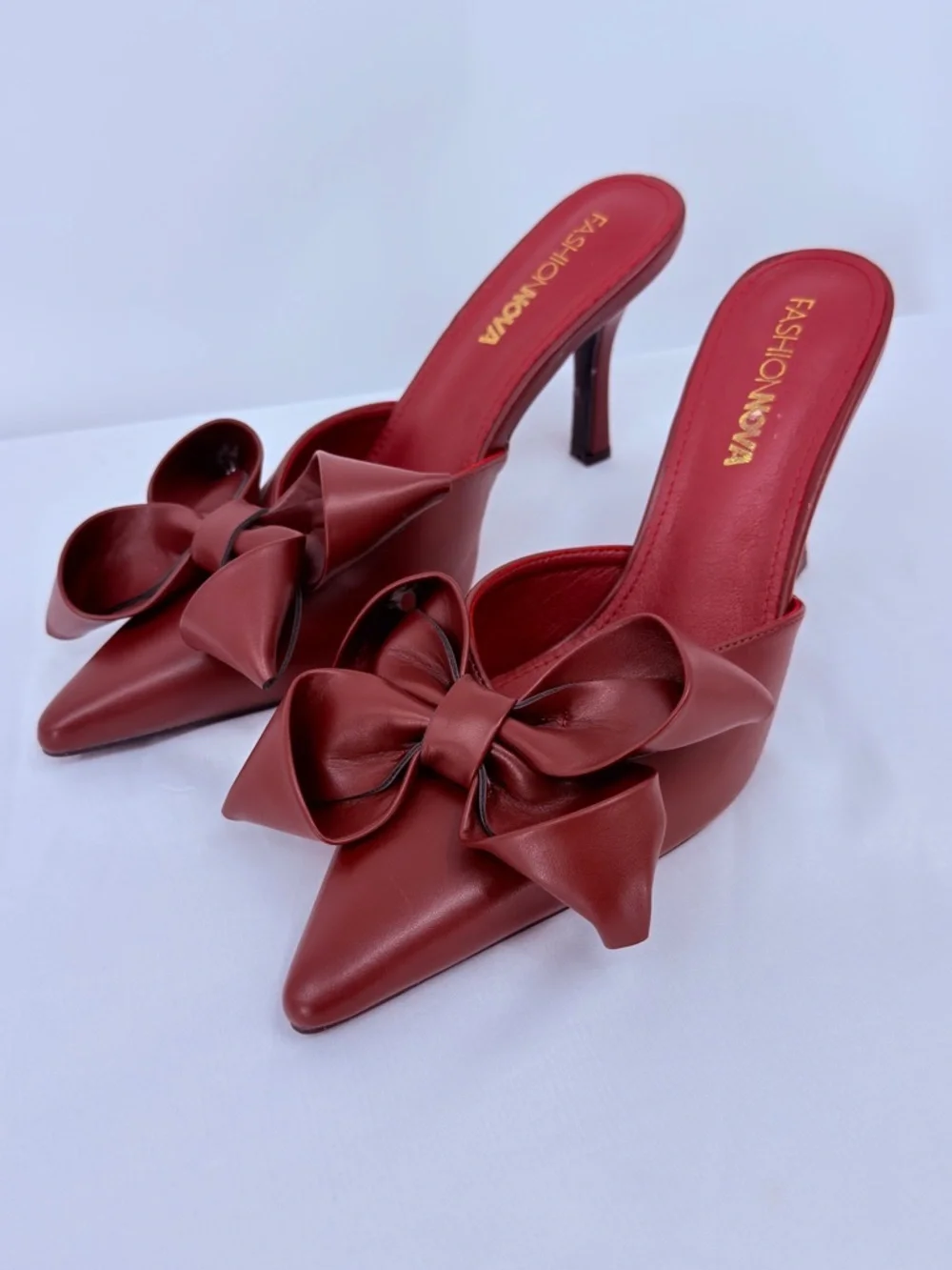 Fashion Nova Red Bow Heels Size 7.5 Pointed Toe Mule Stiletto Slip On